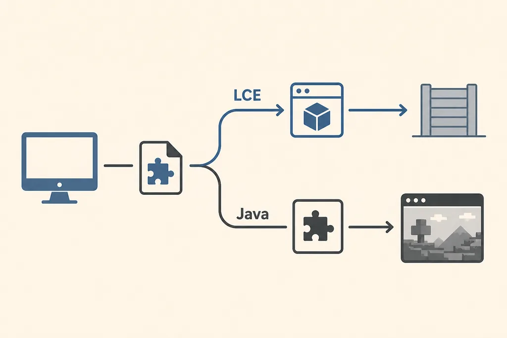 Illustrative diagram separating an LCE launcher path from a Java mod-loader path