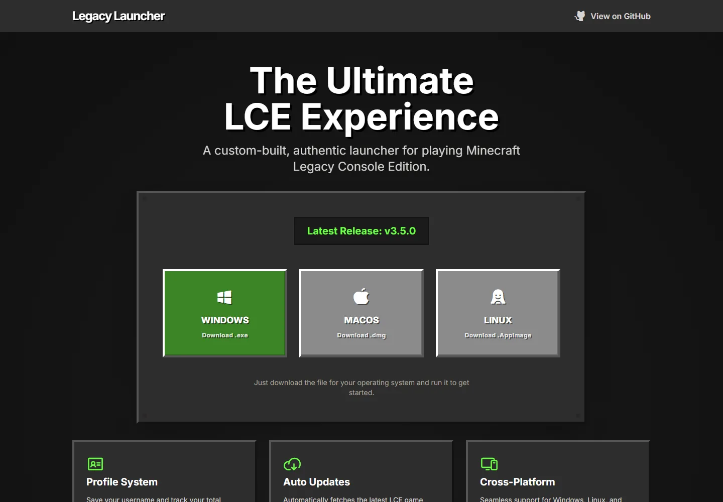 버전 3.5.0과 운영체제별 다운로드를 보여 주는 Legacy Launcher 공식 프로젝트 페이지