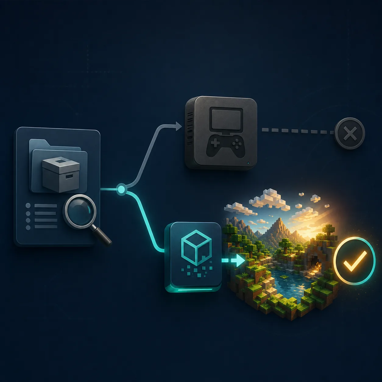 Editorial flow illustration showing a repository check branching to LCE or Java shader documentation
