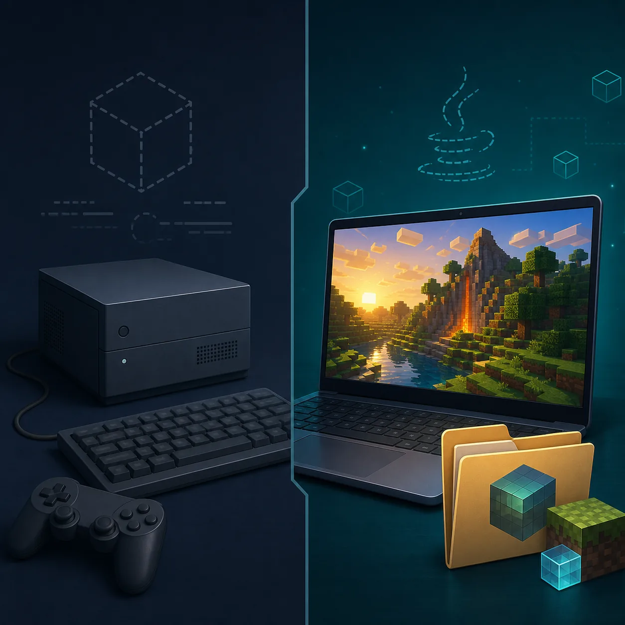 Editorial illustration separating a console-focused launcher from a Java shader setup