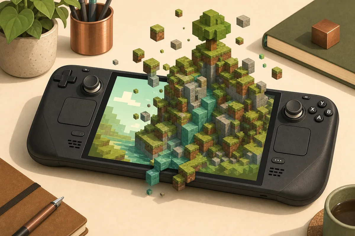 Steam DeckでLegacy Launcherを設定する内容を示す携帯ゲームPCの編集用イラスト
